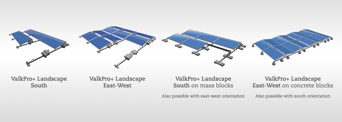 ValkPro+ flat roof solar panel mounting system in all configurations and orientations | East-West and South, landscape and portrait