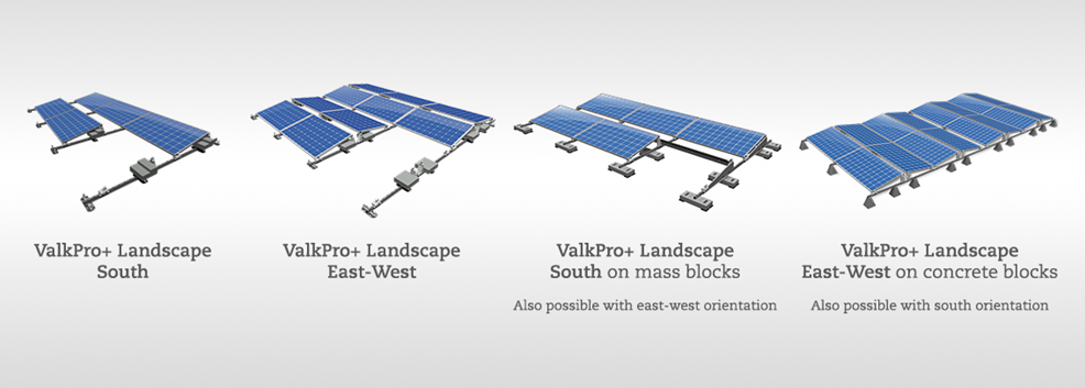 ValkPro+ flat roof solar panel mounting system in all configurations and orientations | East-West and South, landscape and portrait