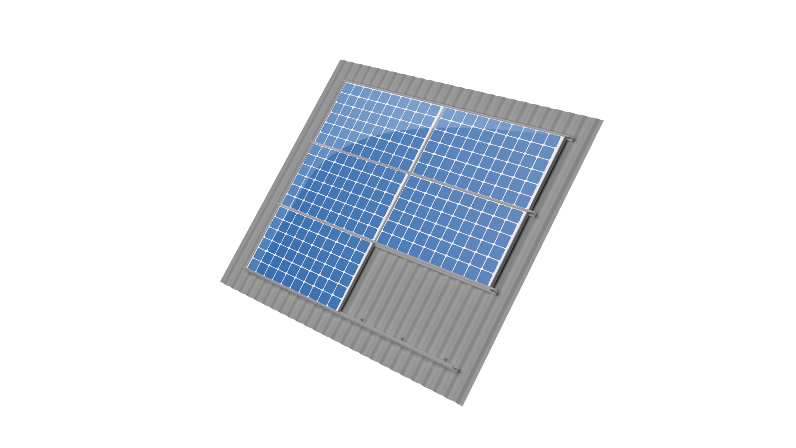 3D-weergave van het ValkPitched Insert Trapezoidal Landscape montagesysteem voor zonnepanelen op een trapeziumdak