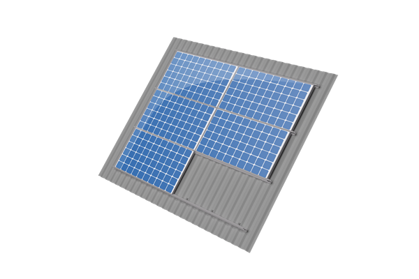 3D-weergave van het ValkPitched Insert Trapezoidal Landscape montagesysteem voor zonnepanelen op een trapeziumdak